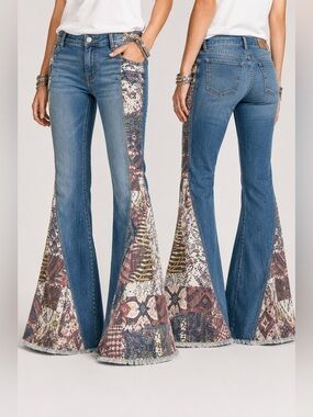 RARE Free People Bali Patchwork Flared Bell Botton Low Rise  Jeans ~ Size 31 🔥